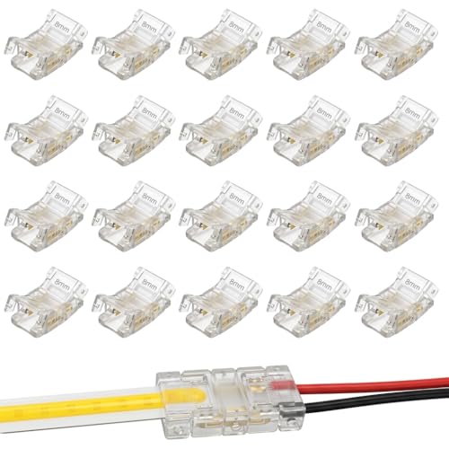 Stalora Lot de 20 Connecteurs LED 2 Broches 8mm, Connexion Facile Sans Soudure pour Ruban LED COB et SMD, Mini Connecteur Transparent pour Bande Lumineuse 12V...