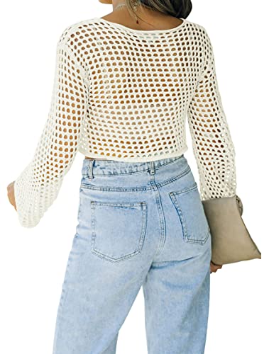 Womens Fishnet Crochet Crop Top Sexy Long Sleeve See Through Hollow Out Mesh Bikini Cover Ups3