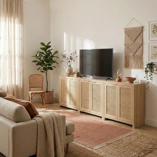Image of OAKHAM HOME Rattan Sideboard Buffet Cabinet with Storage, Boho Farmhouse Credenza with Adjustable Shelves, Decorative Coffee Bar Cabinet for Living Room & Entryway Organization, Light Oak, 2 PCS | Buffet Cabinet with 2 Soft-Close Doors, Adjustable Shelves and 110 lbs Top, For Living Room, Kitchen, Entryway