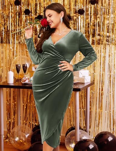Image of ZOMVA Plus Size Velvet Wrap Dress Ruched Bodycon Dress Long Sleeves Ruffle Long Elegant Party Wedding Guest Cocktail Holiday