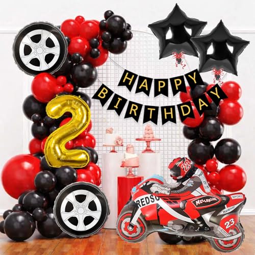 Image of Race Car Theme 2nd Birthday Decoration Kit with Happy Birthday Paper Banner, Bike Foil Balloon & Number 2 Foil Balloon, Two Year Party Decoration Set for Boys Set of 48 Pcs