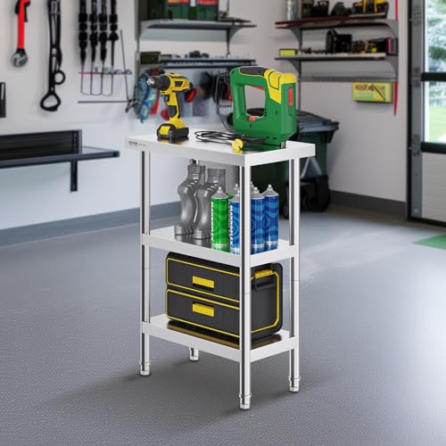 VEVOR Lebensmittel-Zubereitungstisch Edelstahl, Arbeitstisch für gewerbliche Küchen, mit 2 verstellbaren Unterregalen, 356 x 610 x 864 mm Zubereitungstisch aus Metall für Grill, Küche, Zuhause