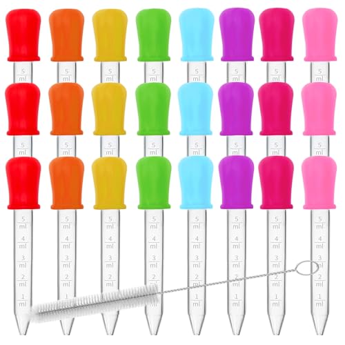 YLMUSU 24 Pack Liquid Droppers with a Clean Brush 5ML 8 Colors Silicone and Plastic Pipettes with Bulb Tip Medicine Eye Dropper for Crafts/Candy Mold/Gummy Bear Maker/Oil