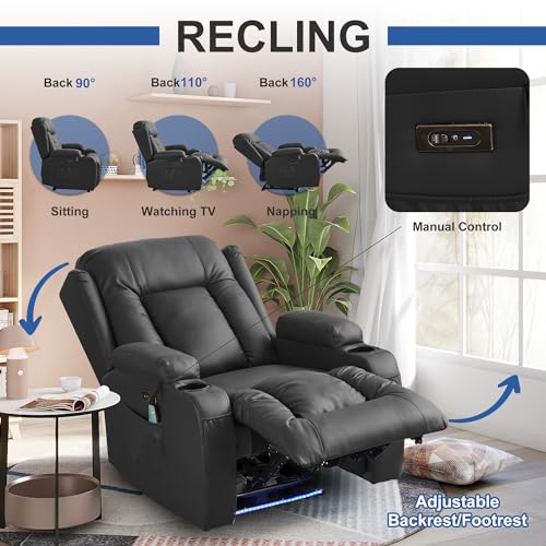 Image of URRED Recliner Chair with Massage and Heat, Power Reclining Sofa Chair Home Theater Seating with LED Ambient Light, USB Ports, Cup Holders, Side Pockets, Faux Leather, Black