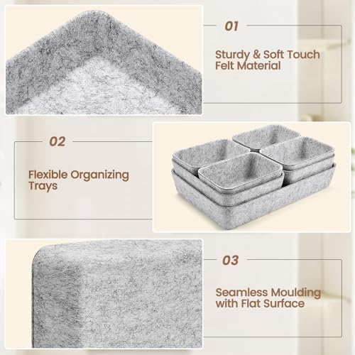 Desk Drawer Organiser Trays, 14 Pcs Felt Drawer Organizers Makeup Storage Boxes, Drawer Tidy Organiser for Home Office Stationery Dresser - Grey - Image 6