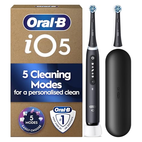 Oral-B iO5 Electric Toothbrush 1 Handle Black - 2 Brush Heads Travel Case Toothbrush for Adults 5 Modes Teeth Whitening UK Two Pin Plug