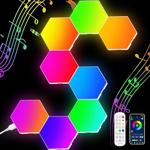Neoglint 8PCS Hexagon LED Lights Sync to Music with Controller RGB Led Hexagon Light Panels Smart Wall Lights App Control Gaming Room Decor