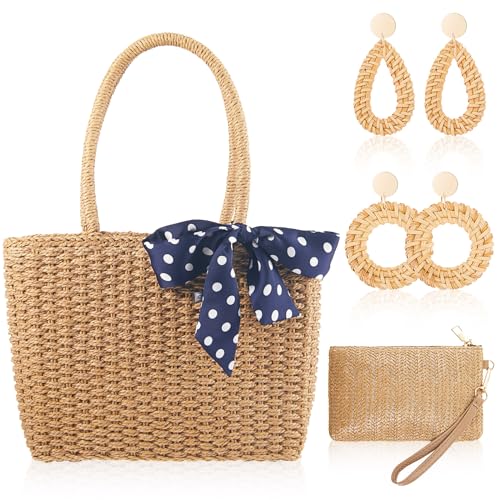 Abbylike Straw Bag for Women with Straw Clutch Purse 2 Pair Rattan Earring Boho Woven Zipper Handbag Beach Bag with Polka Dot Bowknot for Summer Travel Vacation