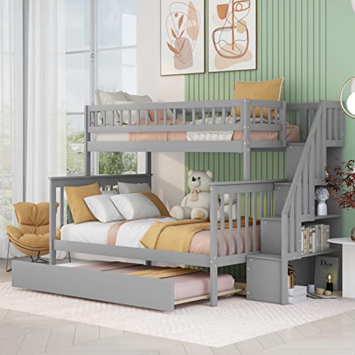 Harper & Bright Designs Solid Wood Twin Over Full Bunk Beds with Trundle,...
