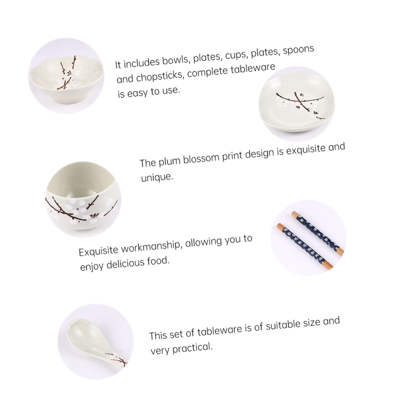 Cabilock Service de Table Japonerie en Céramique et Bois, 6 Pièces, Bol, Assiette, Tasse, Cuillère et Baguettes, Sûr et pour Repas Quotidiens