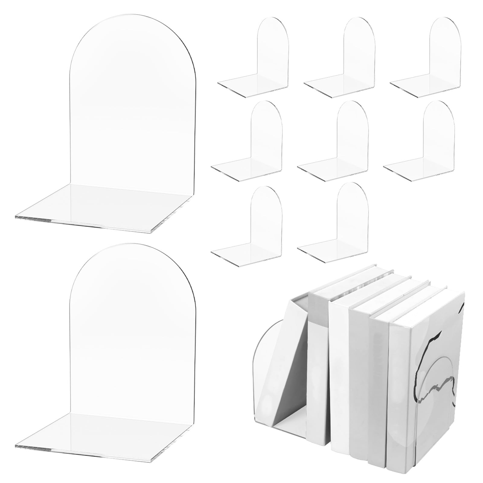 10 Pcs Acrylic Book Ends - Clear Non-Skid Heavy Duty Book Stoppers for Shelves, Home Office Desk & Bookshelf Organizer