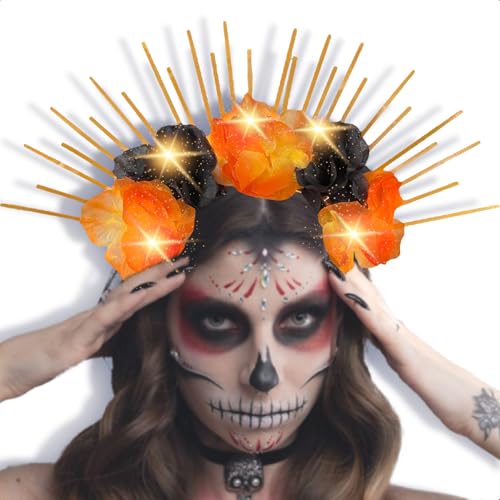 Diadema de Flore Cempasúchil Flores Artificiales con Luces LED Color Ámbar, Disfraz Día de Muertos Catrina Halloween (Negro con Naranja)