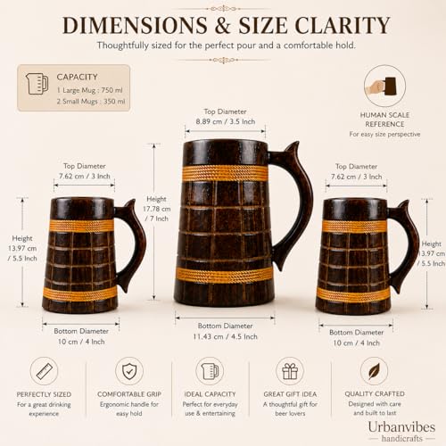 Image of Wooden Beer Bar Combo Set | Barrel Shaped Jumbo Mug | 2 Small Beer Mug 300ML (5 x 4 inches Each) & 1 Large Beer Jug 750ML | Barfi Design