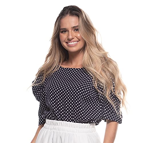 Blusa Viscose Poá Romântica com Manga Bufante Estilo Retrô