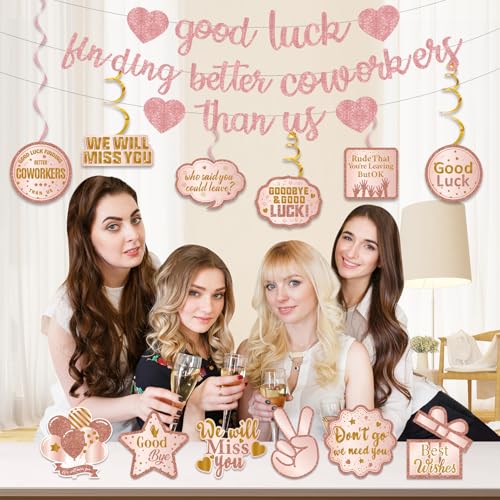 Image of Pre-Strung Good Luck Finding Better Coworkers Than Us Banner, Pink Rose Gold Glitter Going Away Party We Will Miss You Decorations, Great for Goodbye Farewell Job Change Party