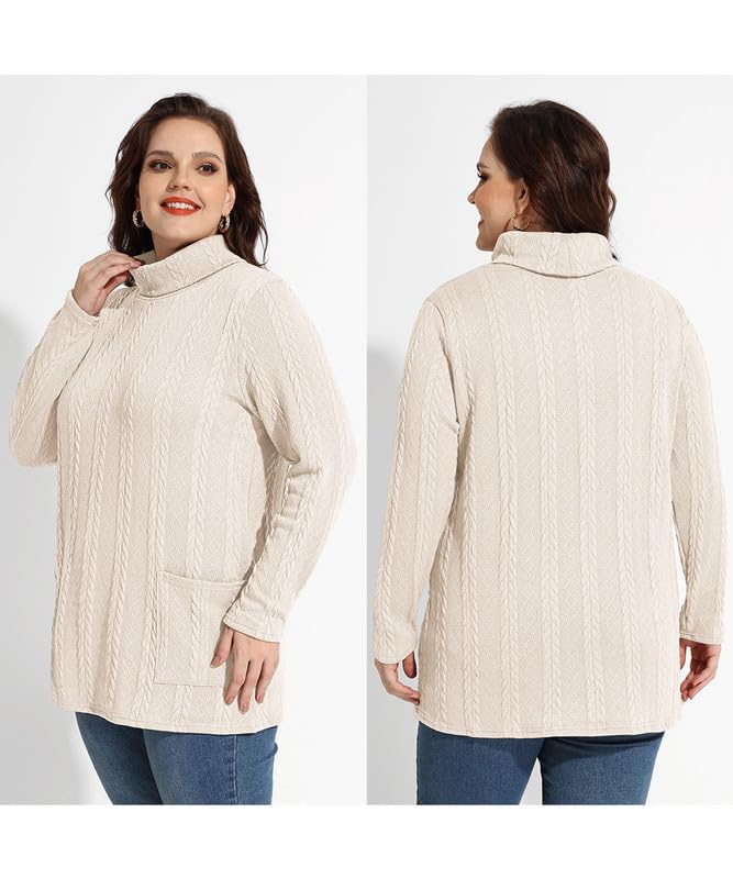 CARCOS Plus Size Sweaters for Women Turtleneck Cable Knit Sweater Long Sleeve Pullover Tops Casual Solid Shirts with Pockets3