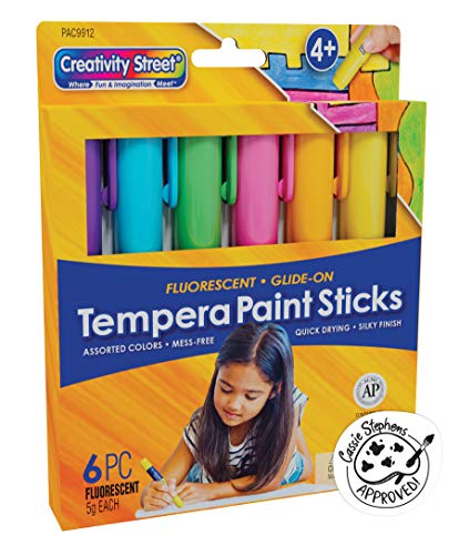 Creativity Street Glide-On Tempera Paint Sticks, 6 Assorted Fluorescent Colors, 5 Grams, 6 Count