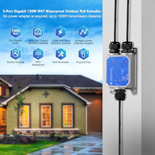 Image of MokerLink IP67 Outdoor 3 Port Gigabit PoE Extender, IEEE 802.3 af /at /bt Repeater 90W, 10 /100 /1000Mbps, 1 In 2 Out, Wall Mount Metal Waterproof Passthrough Switch