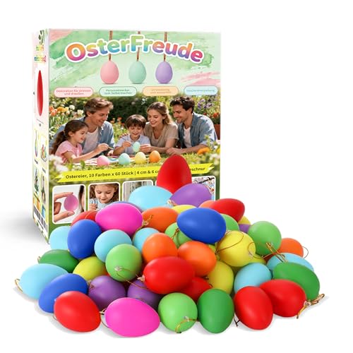 THALOR 60x Ostereier zum Aufhängen | Ostereier Plastik | XXL Osterdeko Outdoor (6x4cm) für Garten Balkon & Indoor | Wetterfeste Deko mit Aufhängebändern | Ostereier zum Bemalen | Ideal für Ostern
