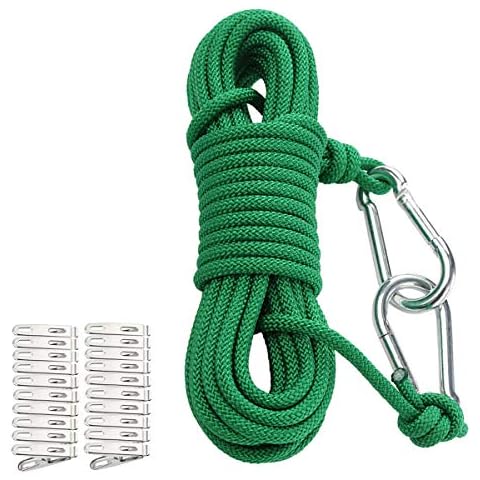 10M Travel Clothes Line, Heavy Duty Strong Braided Washing Line Outdoor Camping Multipurpose Drying Line With 20 Clothespins For Rock climbing Rope, Swing Rope, Skipping Rope, Dog leash(Green) Cover