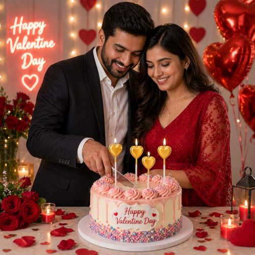 Image of Gold Heart Cake Candles Set | Premium Metallic Romantic Candles with Holders for Birthday, Anniversary & Valentine Celebrations