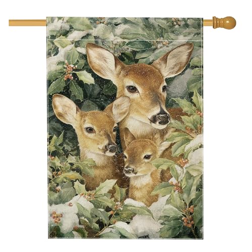 Bandera de casa de ciervo, hojas de acebo de vida silvestre de invierno verde de doble cara de arpillera decorativa para porche exterior para patio al aire libre, patio, césped, entrada, balcón, 28 x