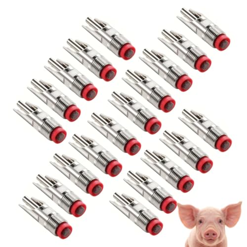 Image of Pig Nipple Water Drinkers - Pack of 20 | Automatic Stainless Steel with Plastic Red Cap Nipples for Piglets | Farm Livestock Watering System