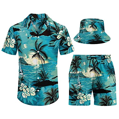 Chemise hawaïenne homme motif bananes short ensemble de plage et chapeau cloche S