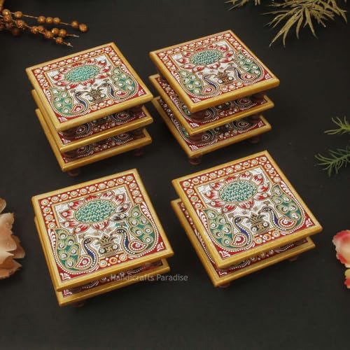 Image of Handicrafts Paradise ( 4 x 4 inch, Set of 10 Pc Marble Chowki with Peacock Design Painted Bajot for God, Home Mandir, Idols Statues Pratima, Home Decor Showpiece for Bulk Return Gifts