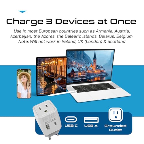 Image of Europe Travel Adapter, Ceptics Ultra Compact Dual USB Power Plug - for European Type C - 3 Inputs - iPhone, Laptop, Galaxy, Cell Phones, Camera Chargers, iWatch & More - CTU-9C