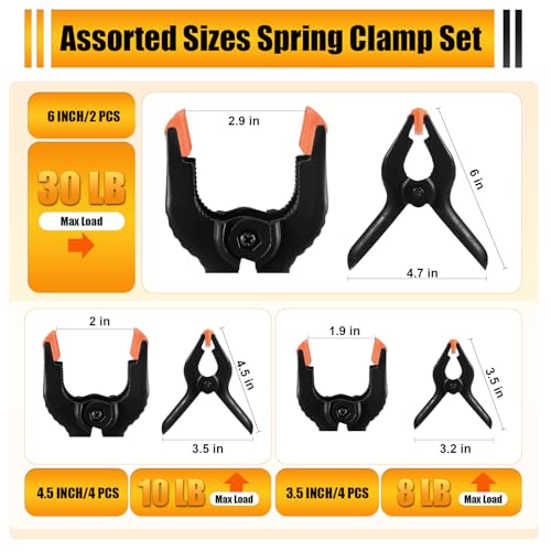 Image of RELBRO Spring Clamps, Assorted Sizes Plastic Clips for Woodworking Balloon Arch Backdrop Craft Projects, Heavy Duty, 6 Inch, 4.5 Inch, 3.5 Inch, Black, 10 Pcs