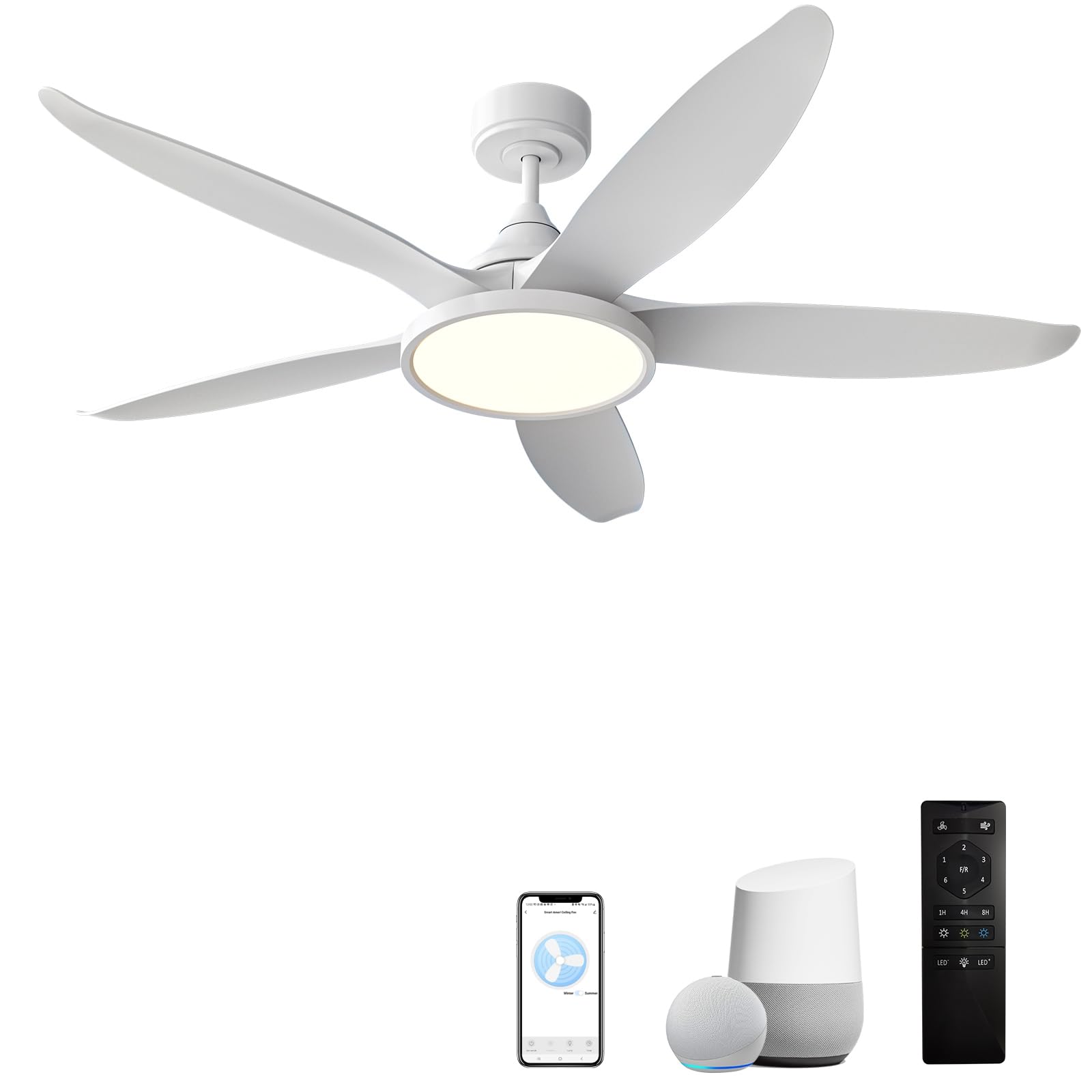 52 Inch Smart Ceiling Fans with Light, Reversible 5-Blade Ceiling Fan with Alexa,App Controls and Remote, High CFM 8811, Quiet DC Motor 6 Speed, Timing, Dimmable LED Light, White