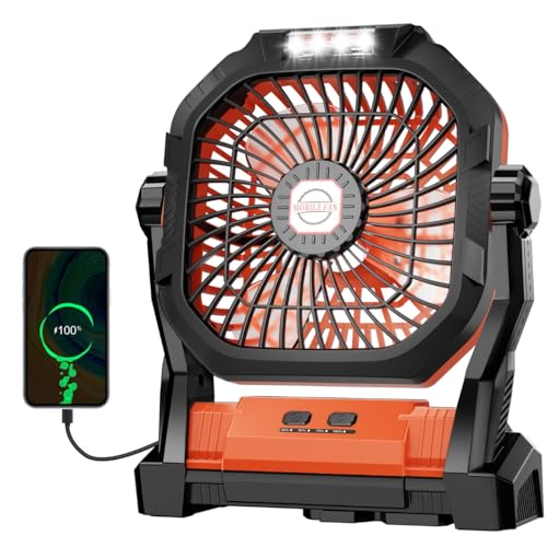 Camping Fan Rechargeable, 20000mAh Battery Powered Portable Fan with LED Light, 4-Speed 180° Adjustable, Camping Essentials for Tent, Travel, Car, Outdoor, Indoor, BBQ, Fishing, Jobsite - Orange