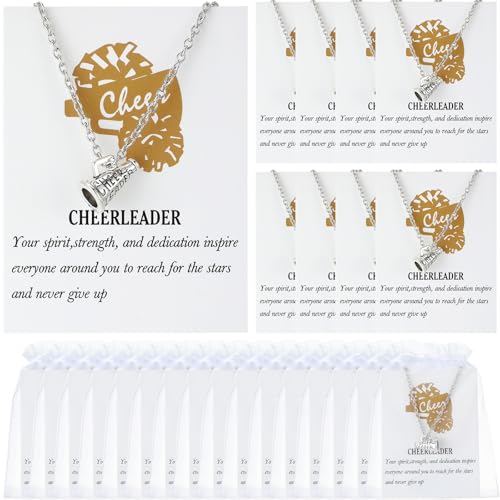 Tondiamo 24 Pcs Cheerleader Necklace Gifts Silver Cheerleading Gifts Bulk for Dance Team Adjustable Charm Cheerleader Megaphone Necklace with Motivational Cards for Woman Birthday Party Accessories