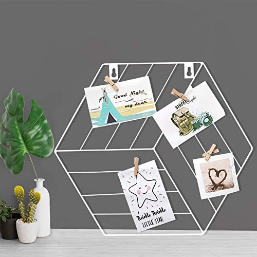 Image of Art Street White Color Hexagon Shape DIY Metal Photo grid wall for photo hanging, wall decoration and display (size- 35 x 40 cm) -Photo clips included-Pack of 2