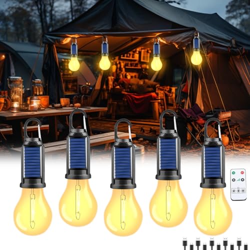 Campinglampe Aufladbar mit Fernbedienung, 5 Stück Solar Glühbirne LED Camping Lampe Solar Camping Licht Zeltlampe, Camping Laterne Helligkeit...
