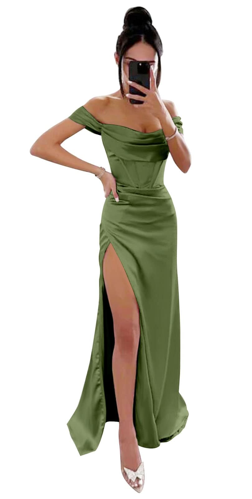 HPPEE Vestido de graduación con hombros descubiertos, largo sin mangas, corsé de sirena, vestido de satén para invitados de boda con abertura para mujer