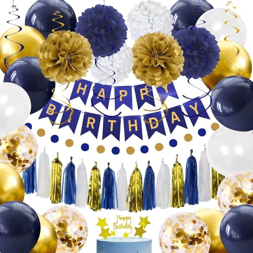 YGYXMY Birthday Decorations for Men Boys, Navy Blue Gold White Happy Birthday Party Decorations Kit - Banner, Balloons, Tissue Pompoms, Swirls, Tassels Garland