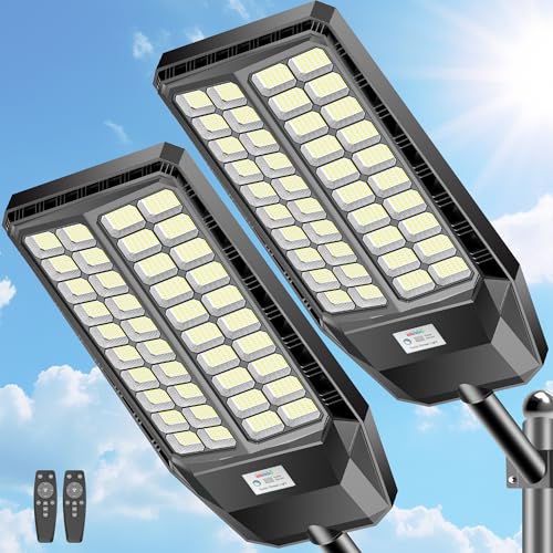 CEDIO 10000W Solar Street Lights Outdoor, Solar Lights Outdoor Waterproof Commercial Street Light Dusk to Dawn, LED Security Flood Light with Motion Sensor for Parking Lot, Yard, Garage, 2 Pack