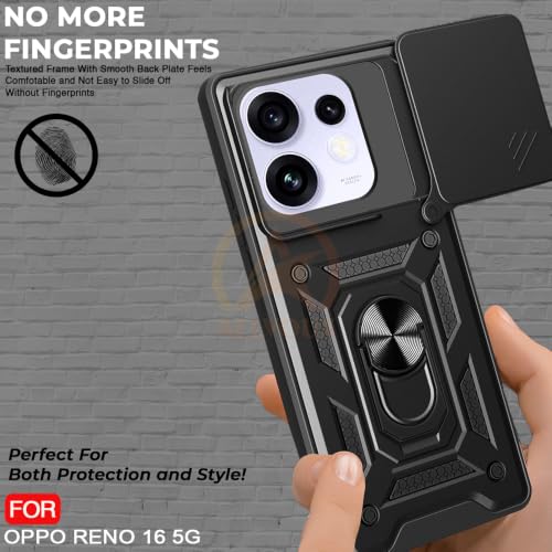 Image of Armor Bumper Back Cover Case for Oppo Reno 16 5G Rotating Camera Cover, Ring Holder & Kickstand | Heavy Duty & 360 Degree Protection Back Cover for Oppo Reno 16 5G (Black)