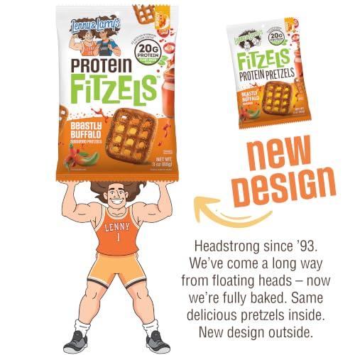 Image of Lenny & Larry's FITZELS Protein Pretzels [Beastly Buffalo] - 8 x 3oz Bags of High Protein Snacks with 20g Plant Based Protein - Vegan Snack - Incredibly Tasty with Salty Crunch