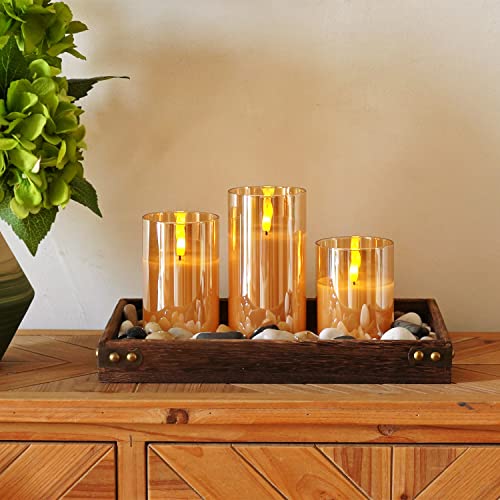 Image of Homemory Amber Glass Flameless Candles, Battery Operated LED Pillar Candles with Remote Control and Timer, Radiance Candles, Real Wax, Set of 3,D3 xH4 5 inch 6 inch