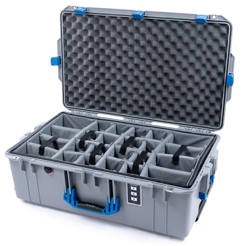 Pelican 1595 Case by ColorCase - Silver - Large Sized Waterproof Case with Grey Padded Dividers & Convoluted Lid Foam - Blue Handles & Latches