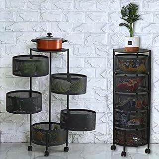 mosegor 5 layer Kitchen Rotating Storage Rack 360° Rotating Storage Shelves Fruit Vegetable Rack Storage Trolley on Wheels with Hollow Mesh Baskets