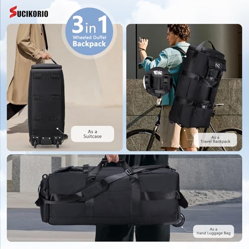 Travel Duffle Bag with Wheels 3 in 1 Travel Backpack Wheels Waterproof Oxford Carry On Hand Luggage Backpack with Combination Padlock Weekend Gym Bags for Women Men Travelling Grey3