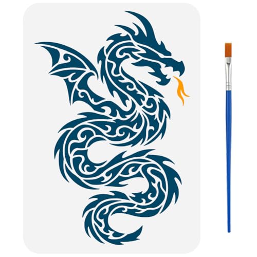 FINGERINSPIRE Pochoirs de Dragon Tribal Avec Un Pinceau Pochoirs Ptérodactyle Réutilisables 29.7x21cm Pochoir de Décor de Dragons Volant Pet Pochoir Motif...