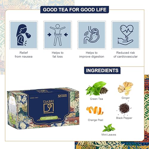 Image of Dabri Mint Lemon Ginger Detox Green Tea 32 Pyramid Dip Tea Bags|Rich Antioxidant|Natural Freshens breathe with Lemon Grass,Mint Leaves,Dry Ginger|Build Immunity,Improve Digestion & Manage weight