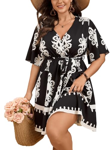 Image of SCOMCHIC Women's Plus Size Summer Dresses Short Sleeve Wrap V Neck A Line Skater Mini Short Dress XL-4XL