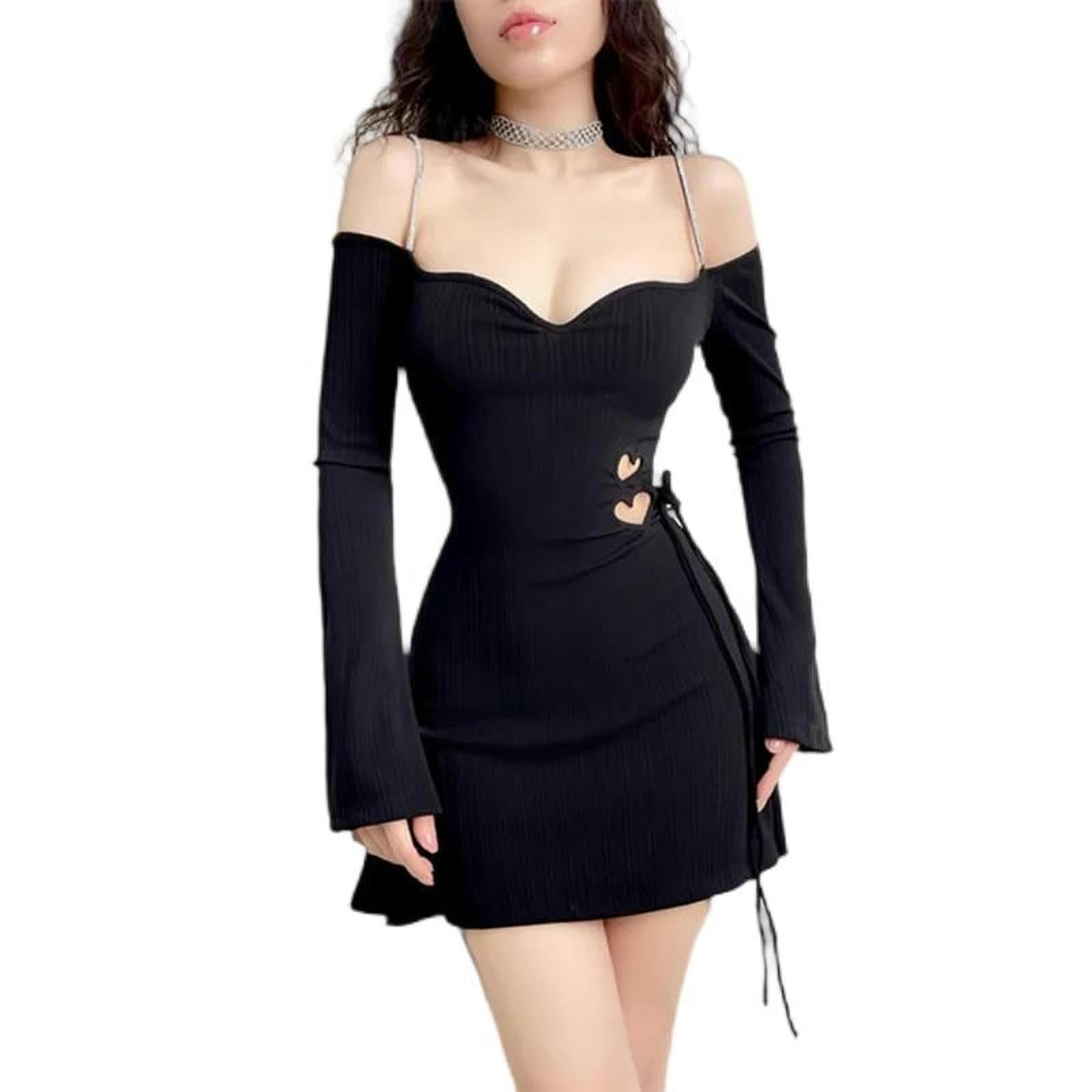 Vestito Estivo da Donna con Cinturino sul Petto, Maniche Lunghe, Nero, alla Moda, Traforato, Casual, da Festa, Nero, S