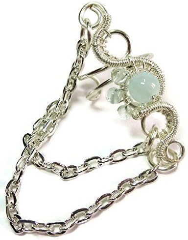 Aquamarine and Silver Chain Floral Ear Cuff